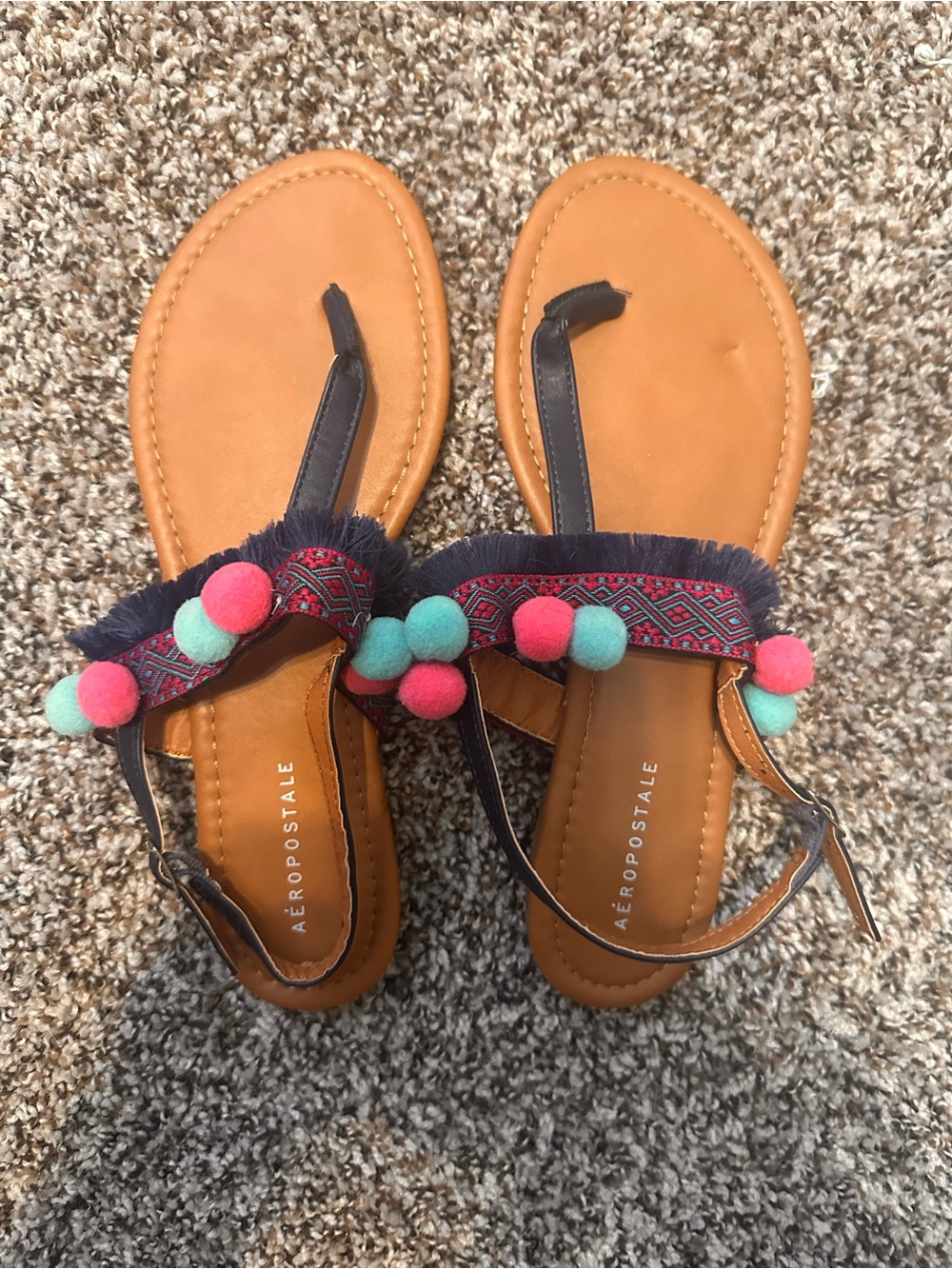 Aeropostale Tan Sandals with Pink & Teal Pom Poms